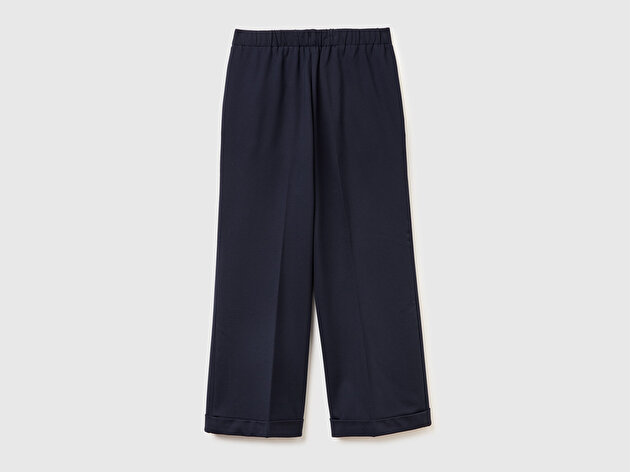 Benetton Kadın Lacivert Viskoz Karışımlı Beli Lastikli Kıvrık Paça Pantolon