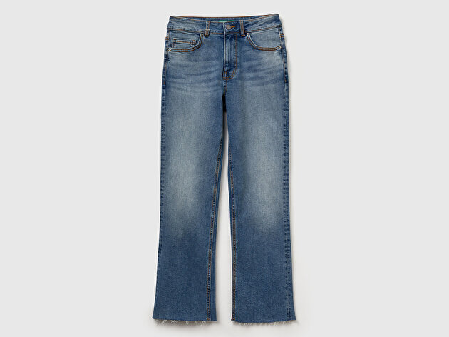 Benetton Kadın Açık Mavi Streç Pamuklu Paçası Kesik Geniş Paça Denim Pantolon
