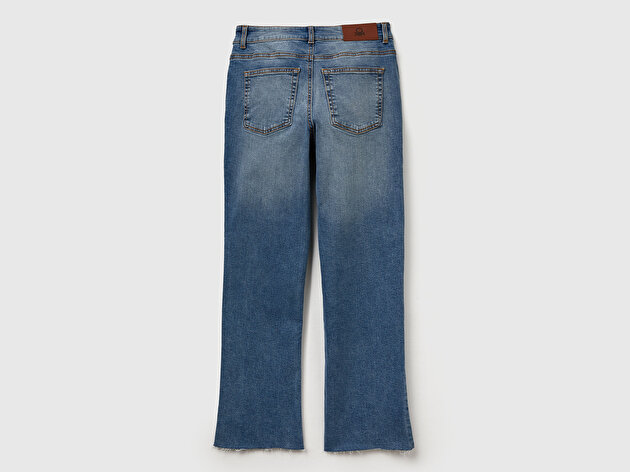 Benetton Kadın Açık Mavi Streç Pamuklu Paçası Kesik Geniş Paça Denim Pantolon
