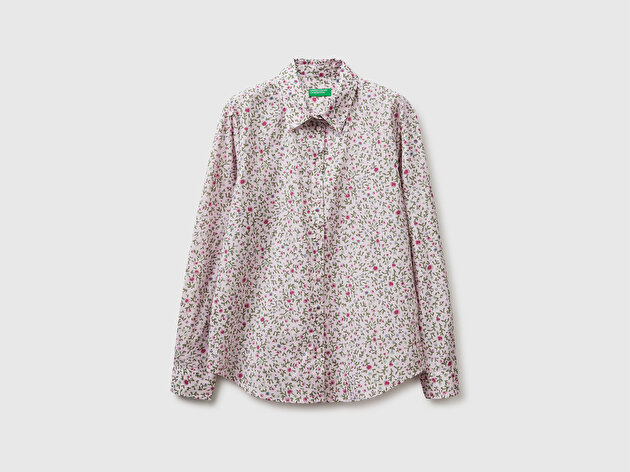 Benetton Kadın Bej Mix %100 Pamuk Desenli  Regular Fit Gömlek