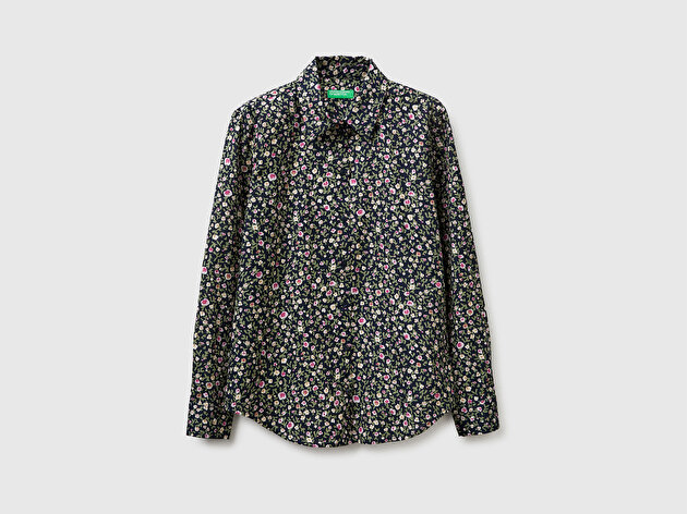 Benetton Kadın Lacivert %100 Pamuk Desenli  Regular Fit Gömlek