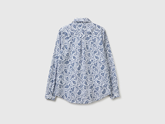 Benetton Kadın Açık Mavi %100 Pamuk Desenli  Regular Fit Gömlek