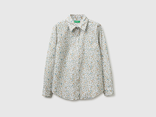 Benetton Kadın Yeşil %100 Pamuk Desenli  Regular Fit Gömlek