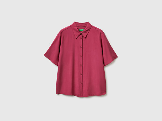Benetton Kadın Fuşya %100 Viskoz Düğmeli Kısa Kollu Gömlek