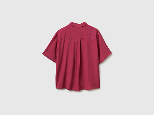 Benetton Kadın Fuşya %100 Viskoz Düğmeli Kısa Kollu Gömlek