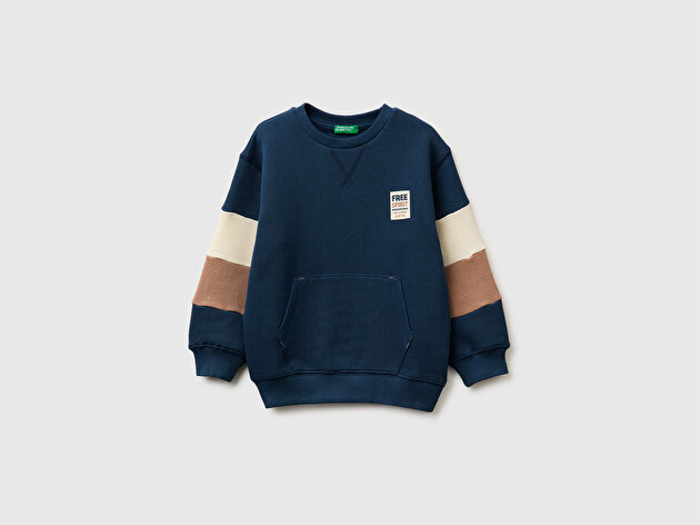 Benetton Erkek Bebek Kol Detaylı Renk Bloklu Logo Etiketli Bisiklet Yaka Sweatshirt