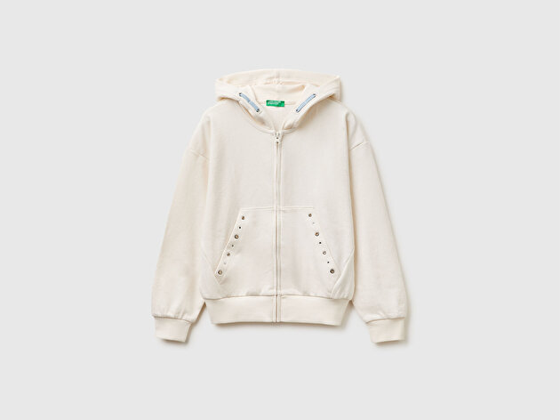 Benetton Kız Çocuk Taş İşlemeli Kanguru Cepli Fermuarlı Kapüşonlu Sweatshirt