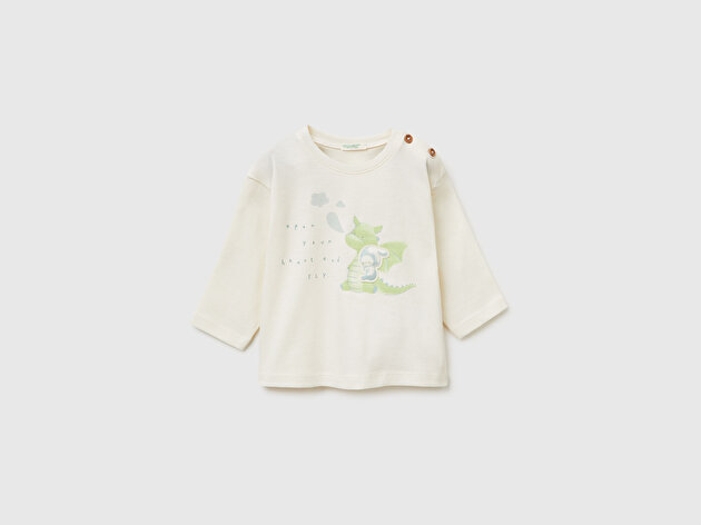 Benetton Bebek Omzu Ahşap Düğme Detaylı İşlemeli Baskılı Uzun Kollu T-Shirt