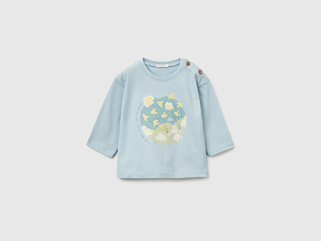 Benetton Bebek Omzu Ahşap Düğme Detaylı İşlemeli Baskılı Uzun Kollu T-Shirt