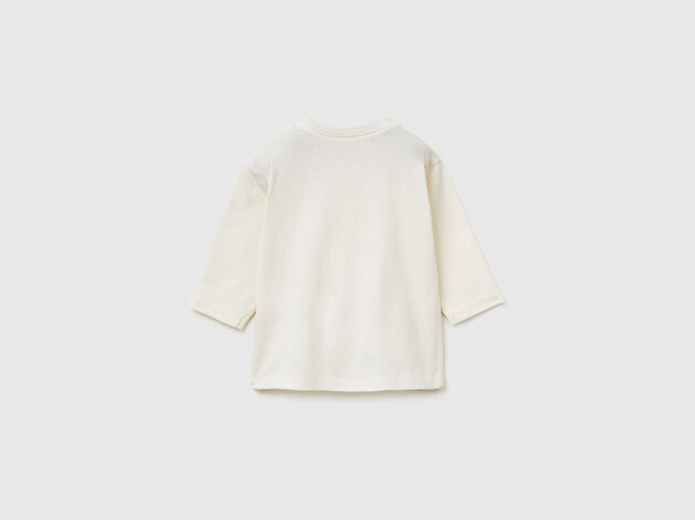 Benetton Bebek Omzu Ahşap Düğmeli Su Baskılı Nakışlı Uzun Kollu T-Shirt