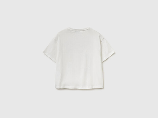 Benetton Kız Çocuk Beyaz Simli Grafik Baskılı Yuvarlak Yaka Oversize T-Shirt