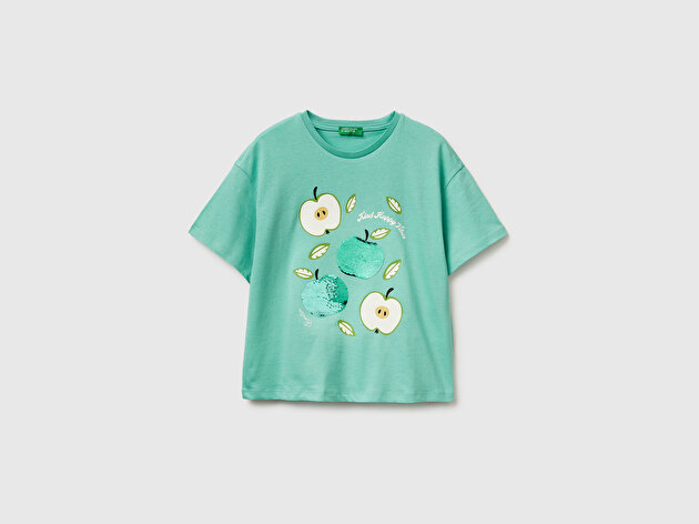 Benetton Kız Çocuk Mint Simli Grafik Baskılı Yuvarlak Yaka Oversize T-Shirt