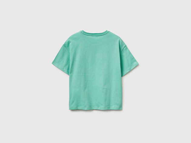 Benetton Kız Çocuk Mint Simli Grafik Baskılı Yuvarlak Yaka Oversize T-Shirt