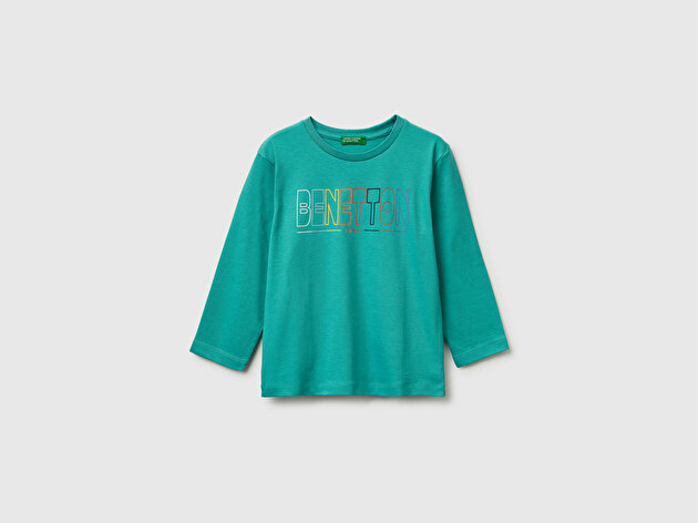 Benetton Erkek Bebek Önü Logo Baskılı Yuvarlak Yaka Uzun Kollu T-Shirt