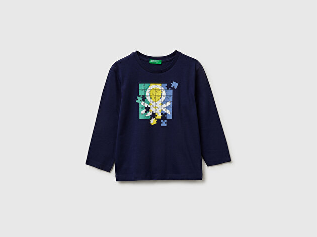 Benetton Erkek Bebek Önü Logo Baskılı Yuvarlak Yaka Uzun Kollu T-Shirt