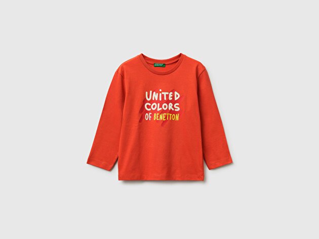 Benetton Erkek Bebek Önü Logo Baskılı Yuvarlak Yaka Uzun Kollu T-Shirt