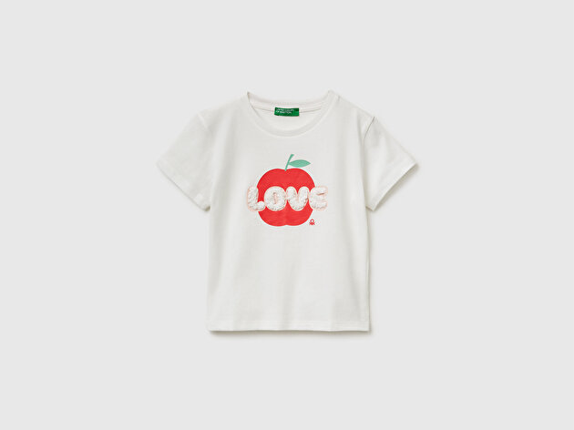 Benetton Kız Bebek Beyaz Su Bazlı Baskılı İşlemeli Bisiklet Yaka T-Shirt