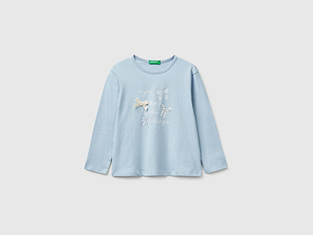 Benetton Kız Bebek Buz Mavisi Baskılı Uzun Kollu Bisiklet Yaka T-Shirt