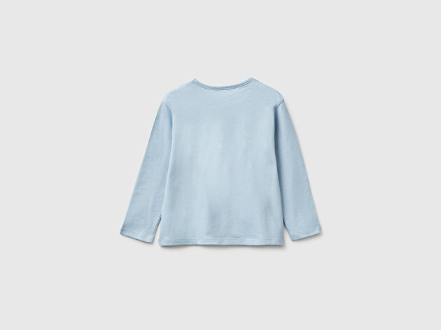 Benetton Kız Bebek Buz Mavisi Baskılı Uzun Kollu Bisiklet Yaka T-Shirt