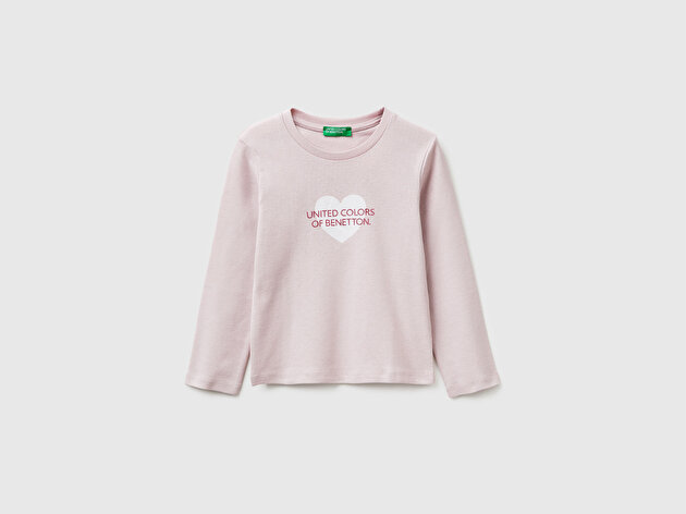 Benetton Kız Bebek Gül Kurusu Simli Renkli Grafik Baskılı Yuvarlak Yaka Uzun Kollu T-Shirt