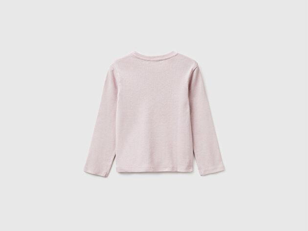 Benetton Kız Bebek Gül Kurusu Simli Renkli Grafik Baskılı Yuvarlak Yaka Uzun Kollu T-Shirt