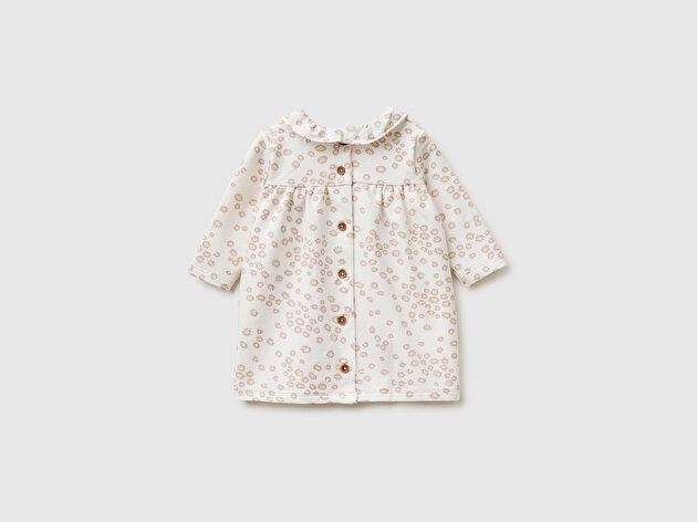 Benetton Bebek Baskılı Arkası Düğmeli Uzun Kollu Fırfırlı Yaka Elbise