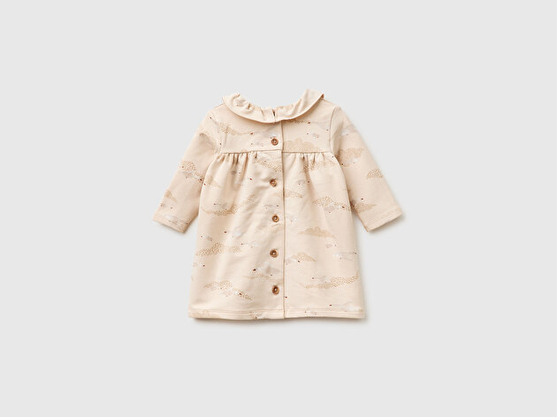 Benetton Bebek Baskılı Arkası Düğmeli Uzun Kollu Fırfırlı Yaka Elbise