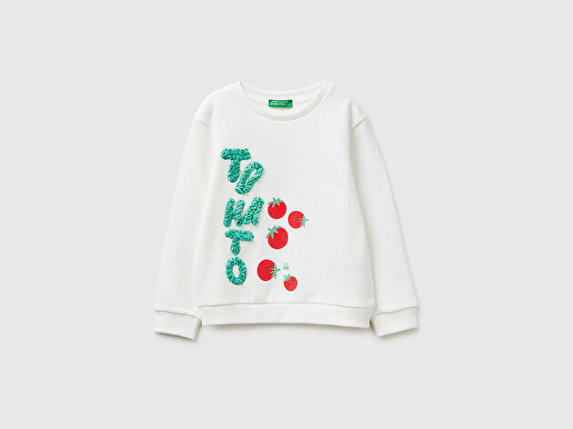 Benetton Kız Bebek Beyaz Baskılı İşlemeli Bisiklet Yaka Sweatshirt