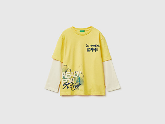 Benetton Erkek Çocuk Çift Kollu Baskılı Bisiklet Yaka T-Shirt