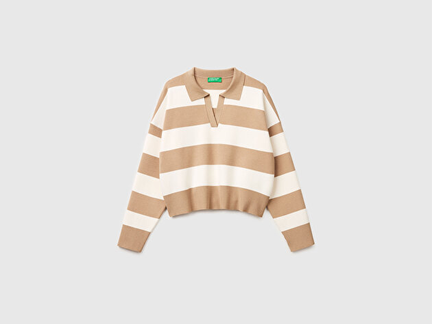 Benetton Kadın Bej Viskoz Karışımlı Çizgili Boxy Fit Polo Yaka Kazak
