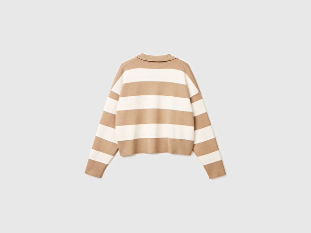 Benetton Kadın Bej Viskoz Karışımlı Çizgili Boxy Fit Polo Yaka Kazak