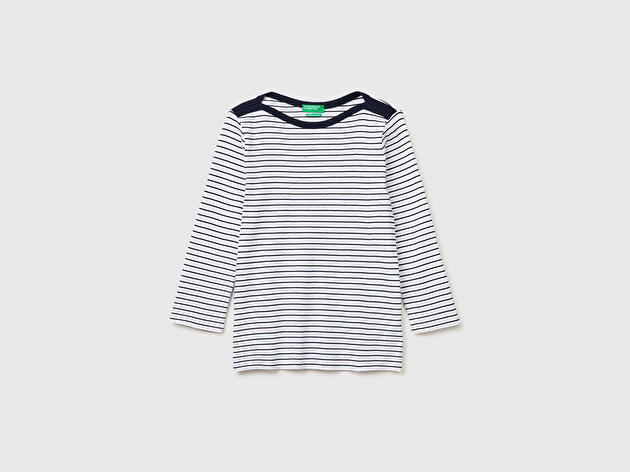 Benetton Kadın Mavi %100 Pamuk Çizgili Kayık Yaka Sweatshirt