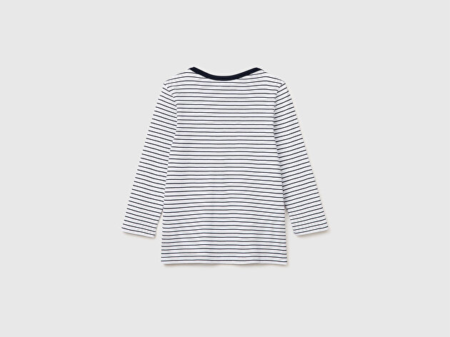 Benetton Kadın Mavi %100 Pamuk Çizgili Kayık Yaka Sweatshirt