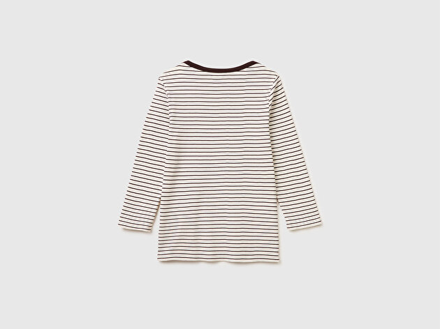 Benetton Kadın Bej %100 Pamuk Çizgili Kayık Yaka Sweatshirt