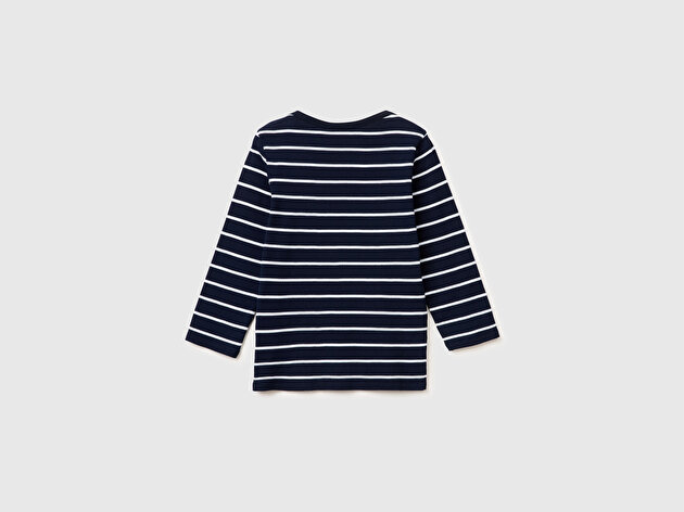 Benetton Kadın Lacivert %100 Pamuk Çizgili Kayık Yaka Sweatshirt