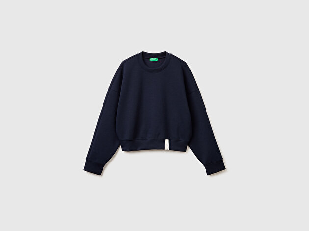 Benetton Kadın Lacivert Pamuk ve Modal Karışımlı Arkası İşlemeli Bisiklet Yaka Sweatshirt
