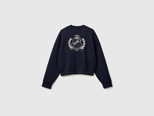 Benetton Kadın Lacivert Pamuk ve Modal Karışımlı Arkası İşlemeli Bisiklet Yaka Sweatshirt