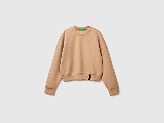 Benetton Kadın Bej Pamuk ve Modal Karışımlı Arkası İşlemeli Bisiklet Yaka Sweatshirt