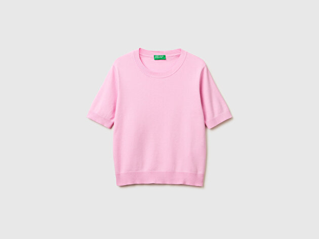 Benetton Kadın Pembe %100 Pamuk Kısa Kollu Regular Fit Bisiklet Yaka Süveter