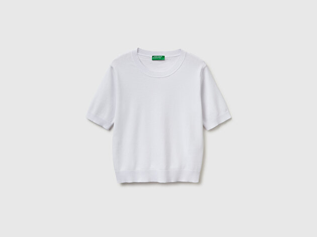 Benetton Kadın Beyaz %100 Pamuk Kısa Kollu Regular Fit Bisiklet Yaka Süveter