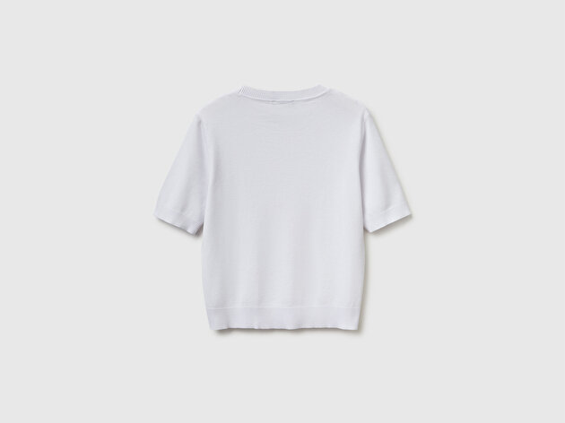 Benetton Kadın Beyaz %100 Pamuk Kısa Kollu Regular Fit Bisiklet Yaka Süveter