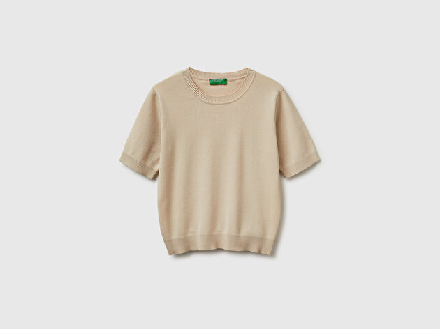 Benetton Kadın Taş %100 Pamuk Kısa Kollu Regular Fit Bisiklet Yaka Süveter