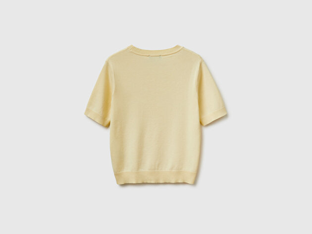 Benetton Kadın Açık Sarı %100 Pamuk Kısa Kollu Regular Fit Bisiklet Yaka Süveter