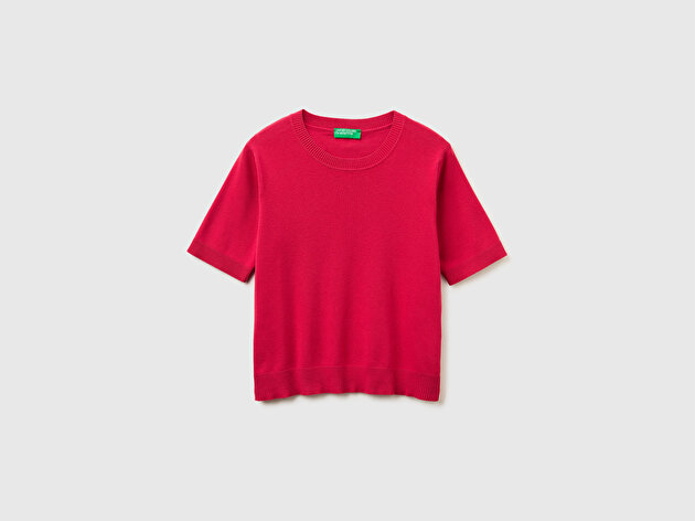 Benetton Kadın Kırmızı %100 Pamuk Kısa Kollu Regular Fit Bisiklet Yaka Süveter