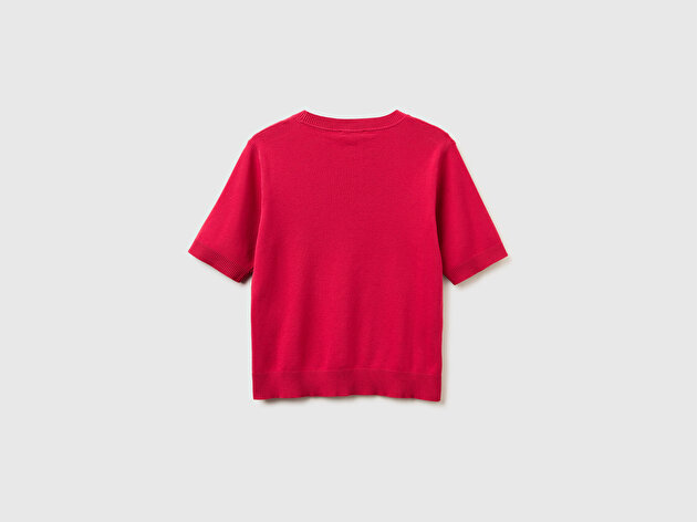 Benetton Kadın Kırmızı %100 Pamuk Kısa Kollu Regular Fit Bisiklet Yaka Süveter