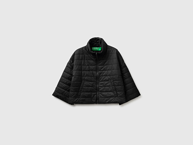 Benetton Kadın Siyah Biyeli Cepli Fermuarlı Yüksek Yaka Ceket