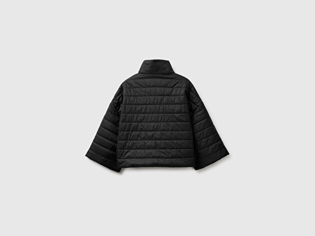 Benetton Kadın Siyah Biyeli Cepli Fermuarlı Yüksek Yaka Ceket