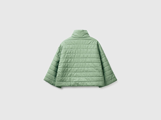 Benetton Kadın Haki Biyeli Cepli Fermuarlı Yüksek Yaka Ceket