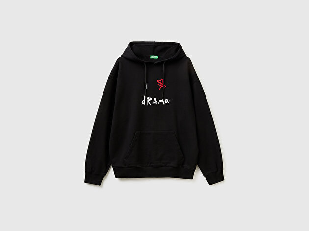 Benetton Erkek Siyah  %100 Pamuk Grafik Baskılı Kapüşonlu Sweatshirt