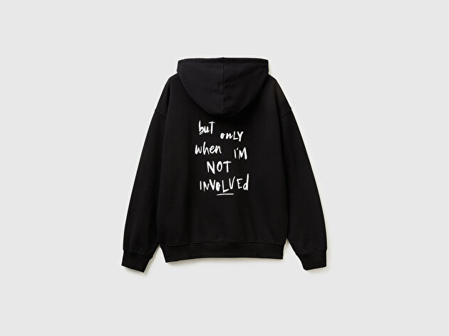 Benetton Erkek Siyah  %100 Pamuk Grafik Baskılı Kapüşonlu Sweatshirt